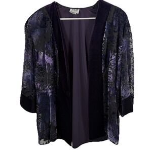 Vintage Cardigan Jacket Purple Black Velvet Burnout Floral Open Front 18 Petite